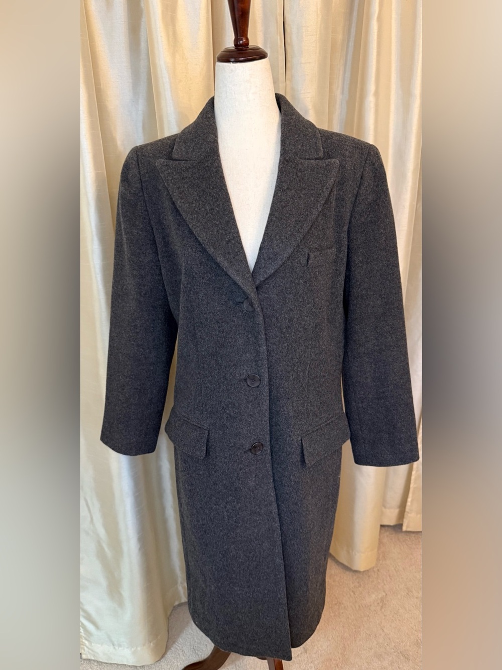 Linda Allard Ellen Tracy Grey Wool/Cashmere Single Breasted Longline Coat Size 2